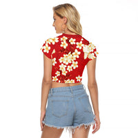 Hawaii Hibiscus Plumeria Red Raglan Cropped T Shirt Polynesian Pattern