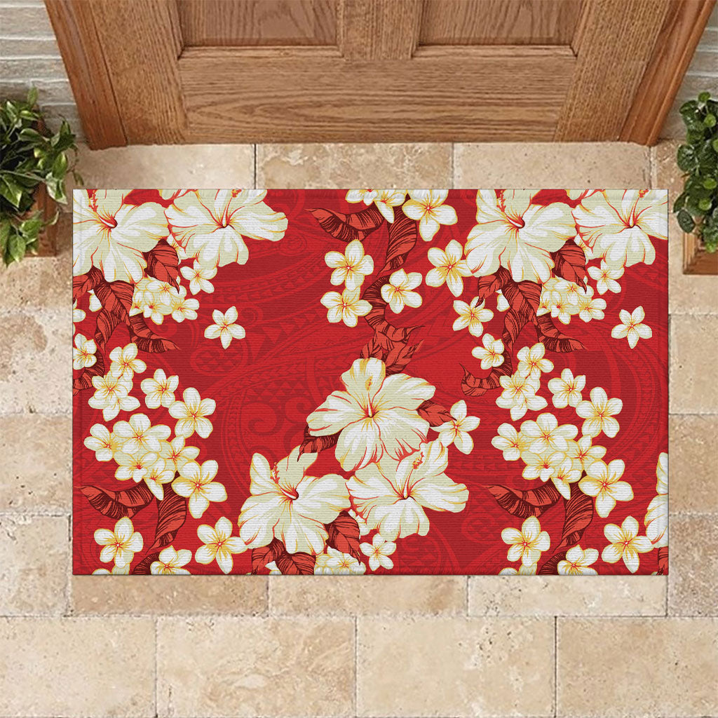 Hawaii Hibiscus Plumeria Red Rubber Doormat Polynesian Pattern LT01 Red - Polynesian Pride