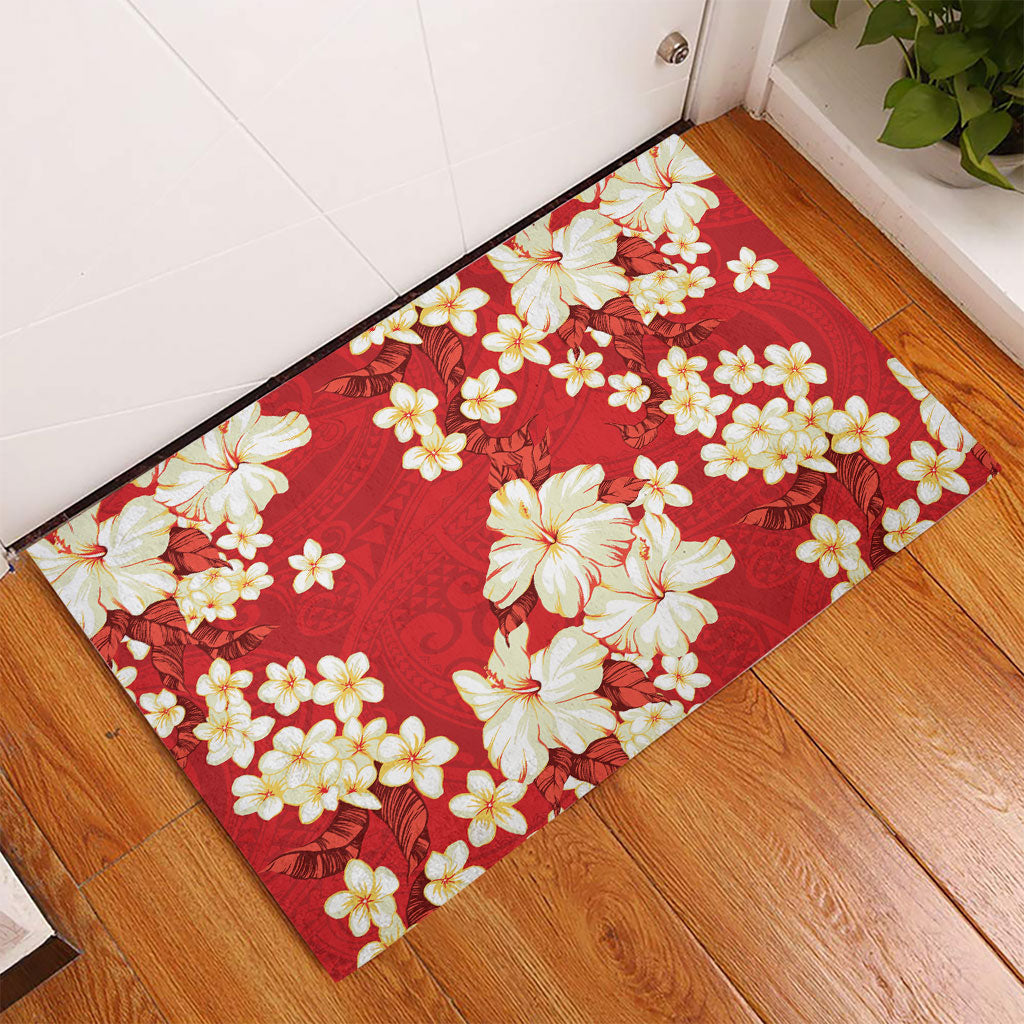 Hawaii Hibiscus Plumeria Red Rubber Doormat Polynesian Pattern LT01 - Polynesian Pride