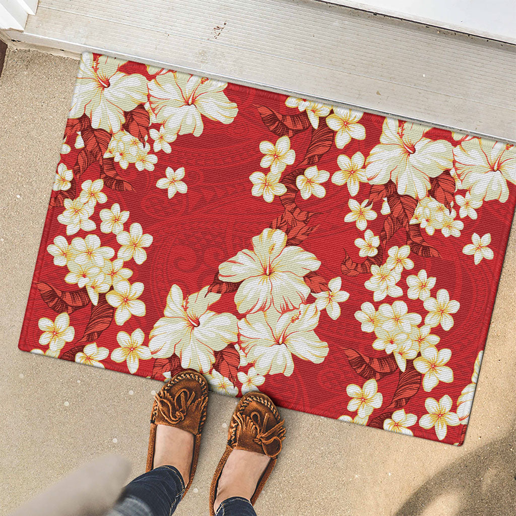 Hawaii Hibiscus Plumeria Red Rubber Doormat Polynesian Pattern LT01 - Polynesian Pride