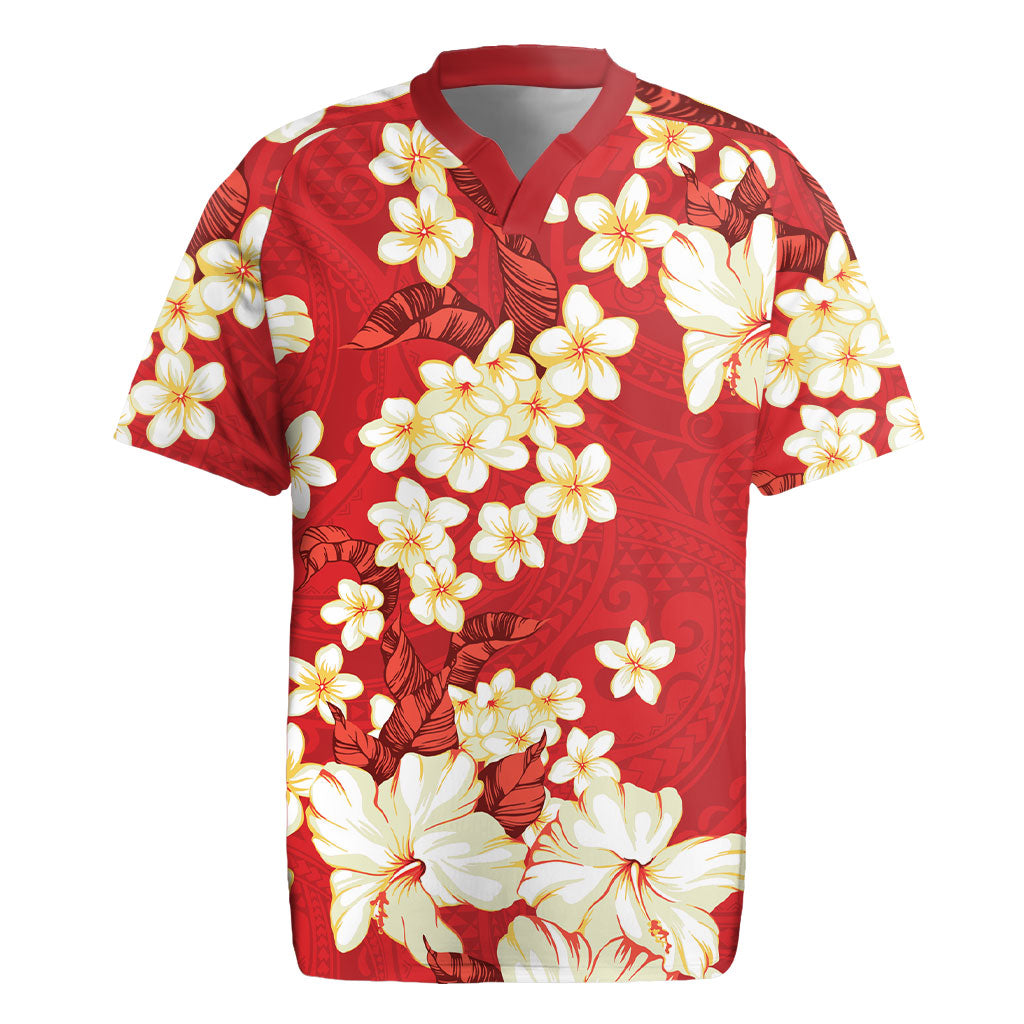 Hawaii Hibiscus Plumeria Red Rugby Jersey Polynesian Pattern