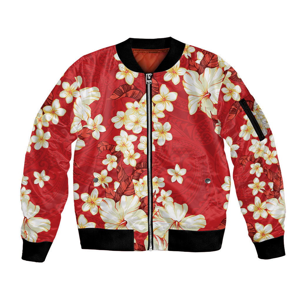 Hawaii Hibiscus Plumeria Red Sleeve Zip Bomber Jacket Polynesian Pattern