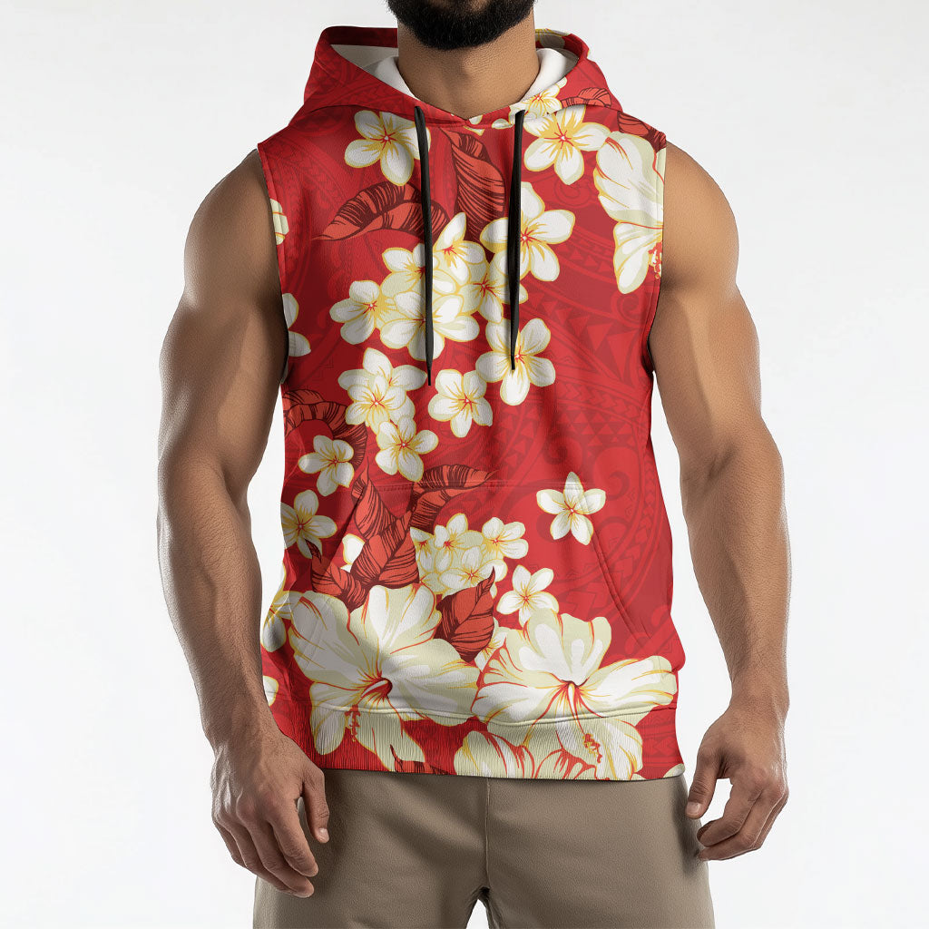 Hawaii Hibiscus Plumeria Red Sleeveless Hoodie Polynesian Pattern LT01 - Polynesian Pride