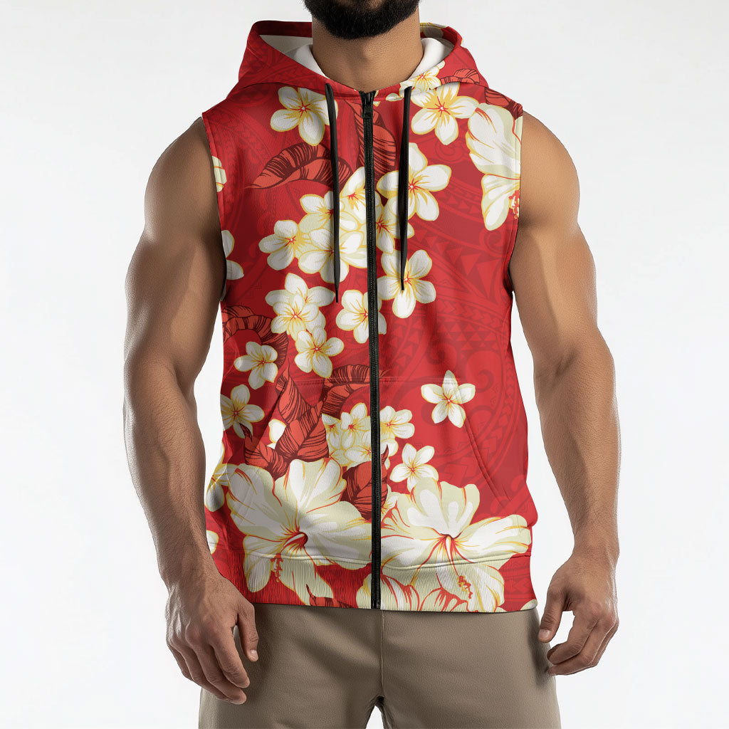 Hawaii Hibiscus Plumeria Red Sleeveless Zip Hoodie Polynesian Pattern LT01 - Polynesian Pride