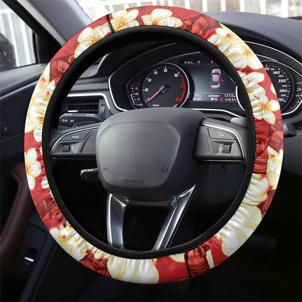 Hawaii Hibiscus Plumeria Red Steering Wheel Cover Polynesian Pattern LT01 - Polynesian Pride