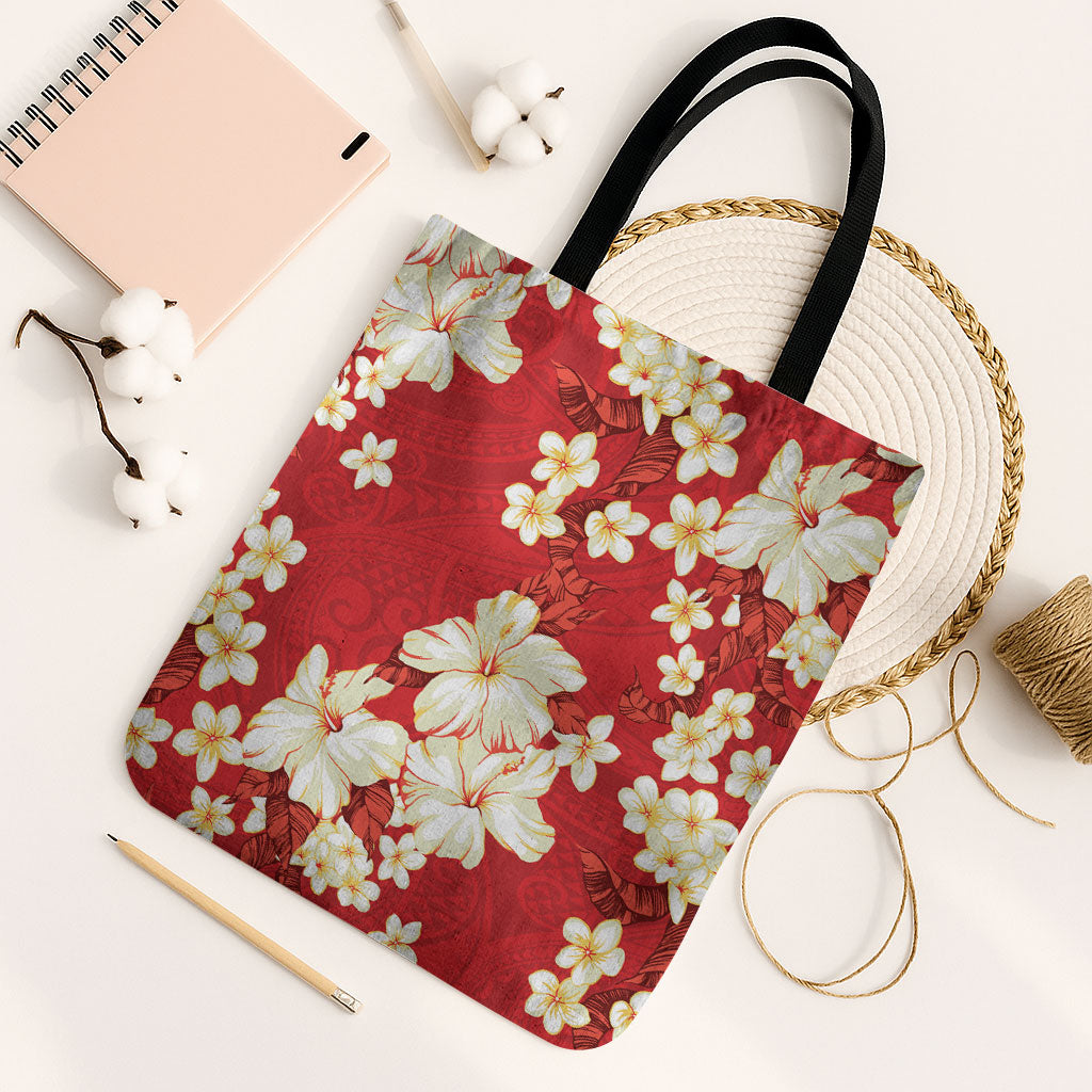 Hawaii Hibiscus Plumeria Red Tote Bag Polynesian Pattern