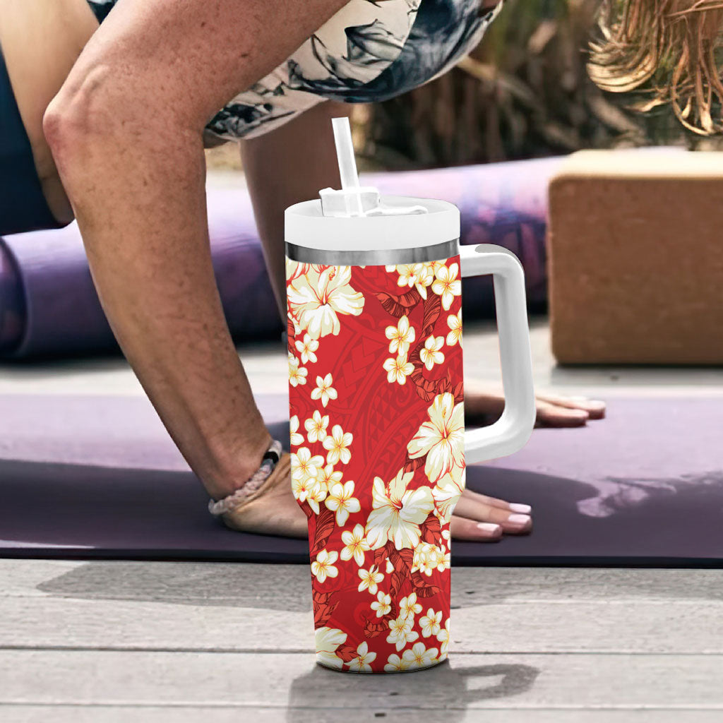 Hawaii Hibiscus Plumeria Red Tumbler With Handle Polynesian Pattern LT01 - Polynesian Pride