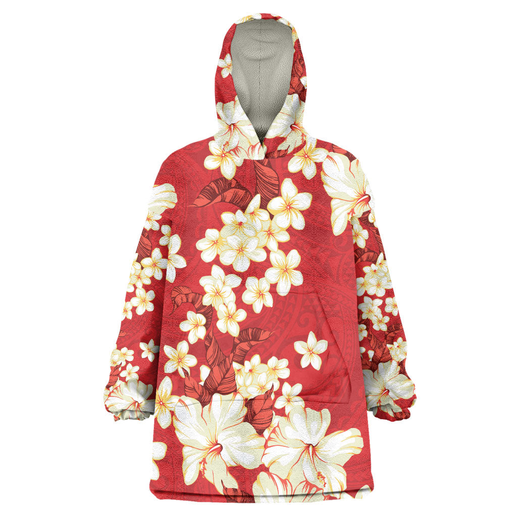 Hawaii Hibiscus Plumeria Red Wearable Blanket Hoodie Polynesian Pattern
