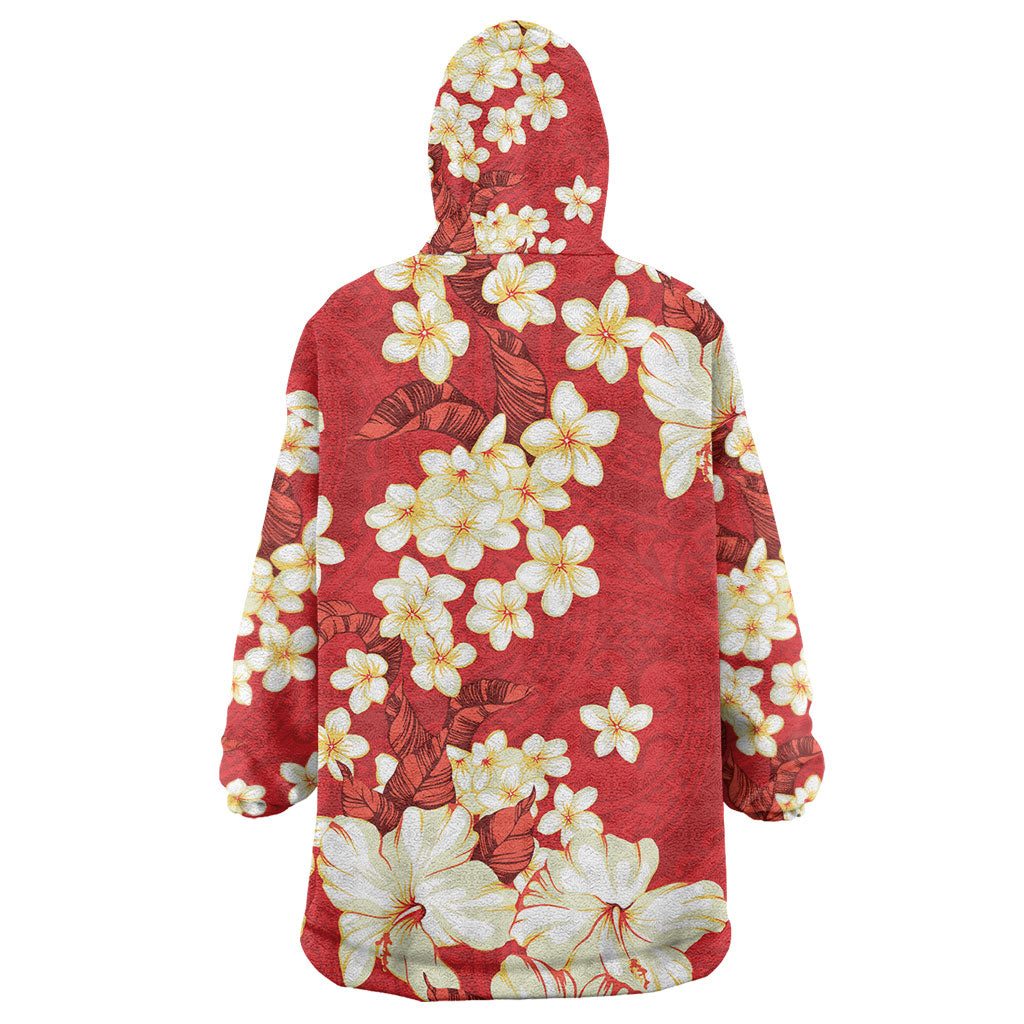 Hawaii Hibiscus Plumeria Red Wearable Blanket Hoodie Polynesian Pattern LT01 - Polynesian Pride