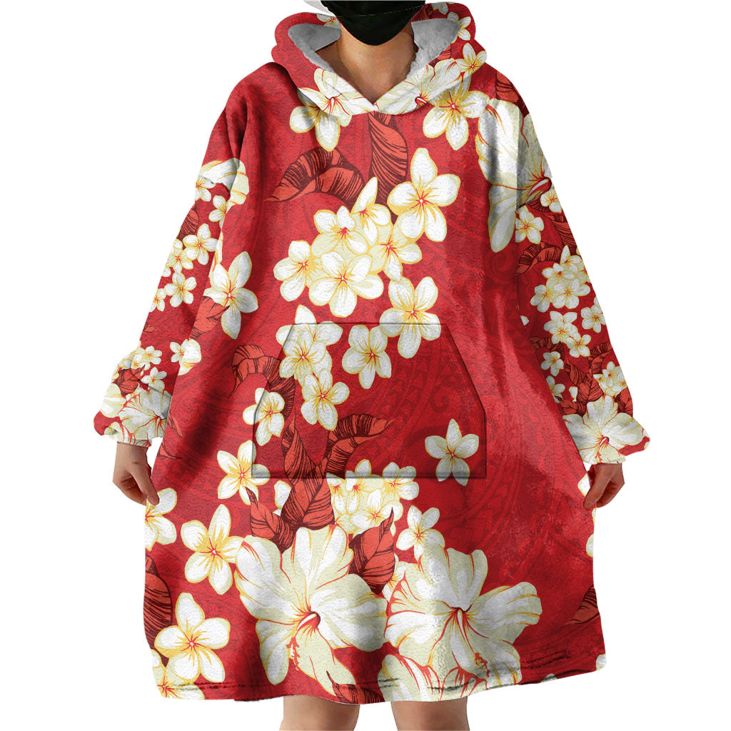 Hawaii Hibiscus Plumeria Red Wearable Blanket Hoodie Polynesian Pattern LT01 - Polynesian Pride