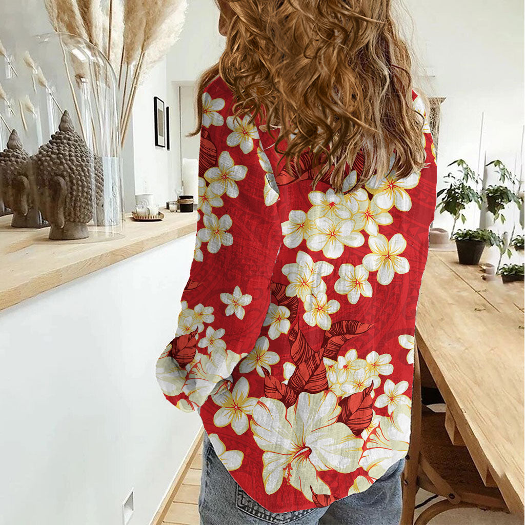Hawaii Hibiscus Plumeria Red Women Casual Shirt Polynesian Pattern LT01 - Polynesian Pride
