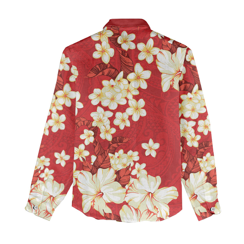 Hawaii Hibiscus Plumeria Red Women Casual Shirt Polynesian Pattern LT01 - Polynesian Pride