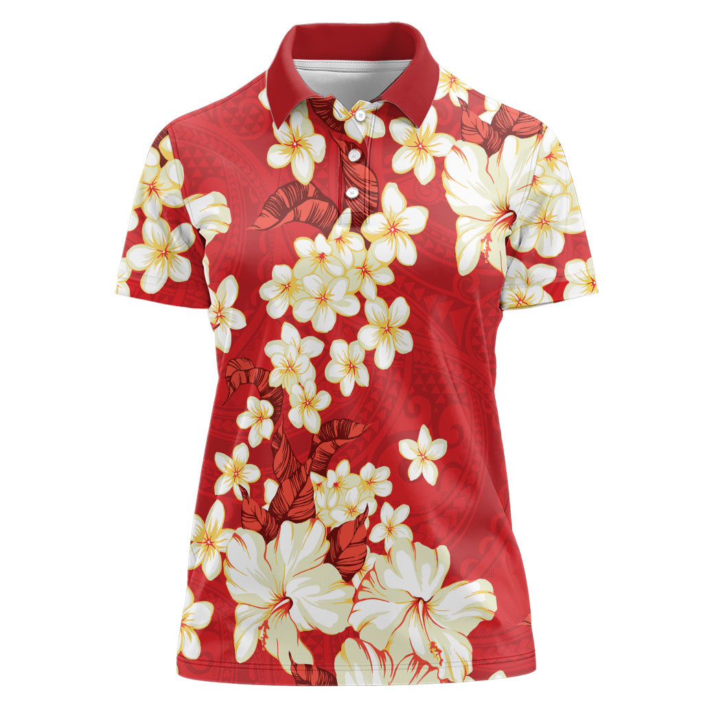 Hawaii Hibiscus Plumeria Red Women Polo Shirt Polynesian Pattern LT01 Female Red - Polynesian Pride