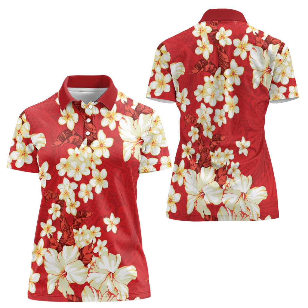 Hawaii Hibiscus Plumeria Red Women Polo Shirt Polynesian Pattern LT01 - Polynesian Pride