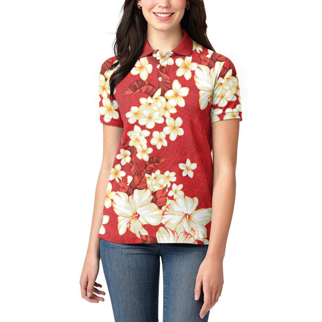 Hawaii Hibiscus Plumeria Red Women Polo Shirt Polynesian Pattern LT01 - Polynesian Pride