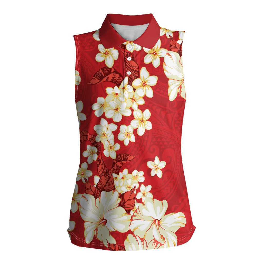 Hawaii Hibiscus Plumeria Red Women Sleeveless Polo Shirt Polynesian Pattern