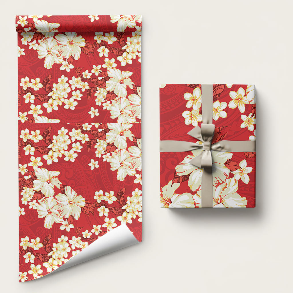 Hawaii Hibiscus Plumeria Red Wrapping Paper Polynesian Pattern LT01 58" × 23" Red - Polynesian Pride