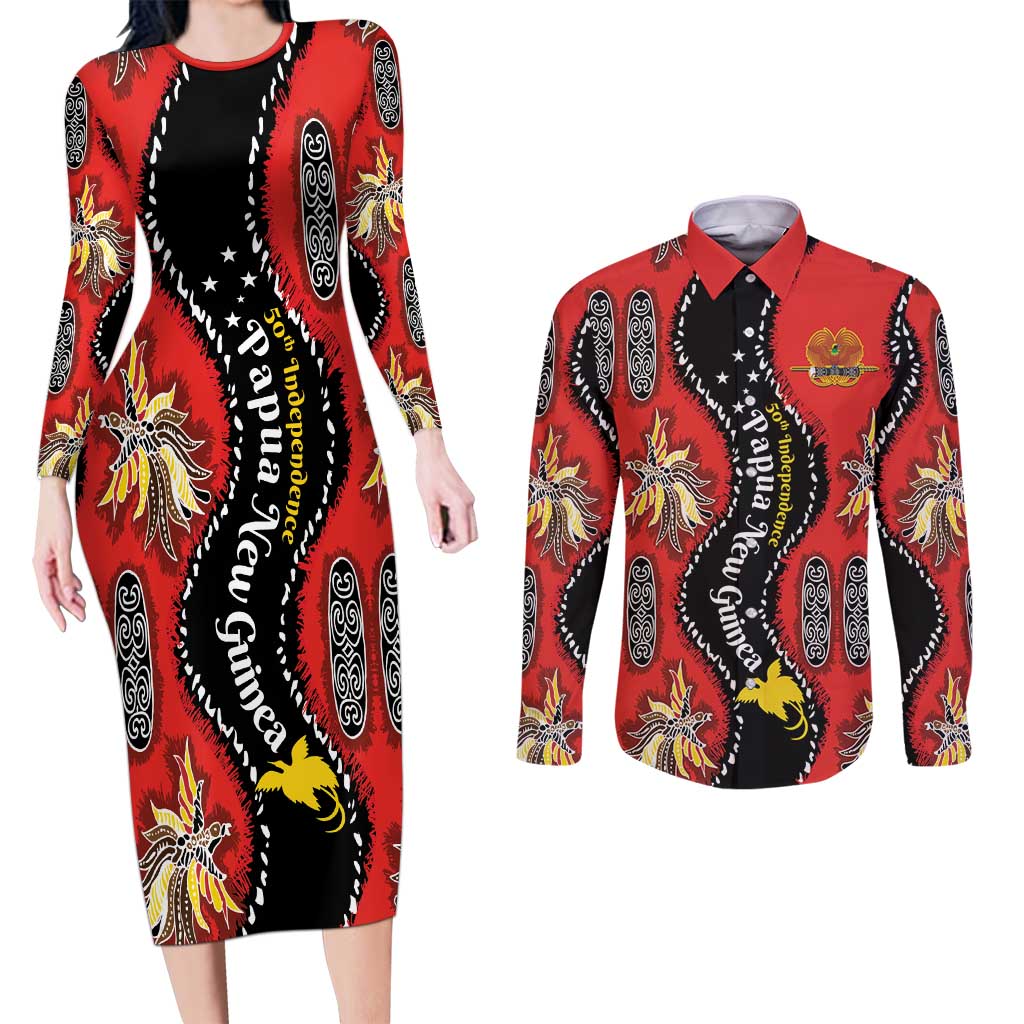 Papua New Guinea 50th Independence Couples Matching Long Sleeve Bodycon Dress and Long Sleeve Button Shirt PNG Batik Pattern LT01 Red - Polynesian Pride