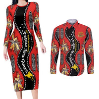 Papua New Guinea 50th Independence Couples Matching Long Sleeve Bodycon Dress and Long Sleeve Button Shirt PNG Batik Pattern LT01 Red - Polynesian Pride