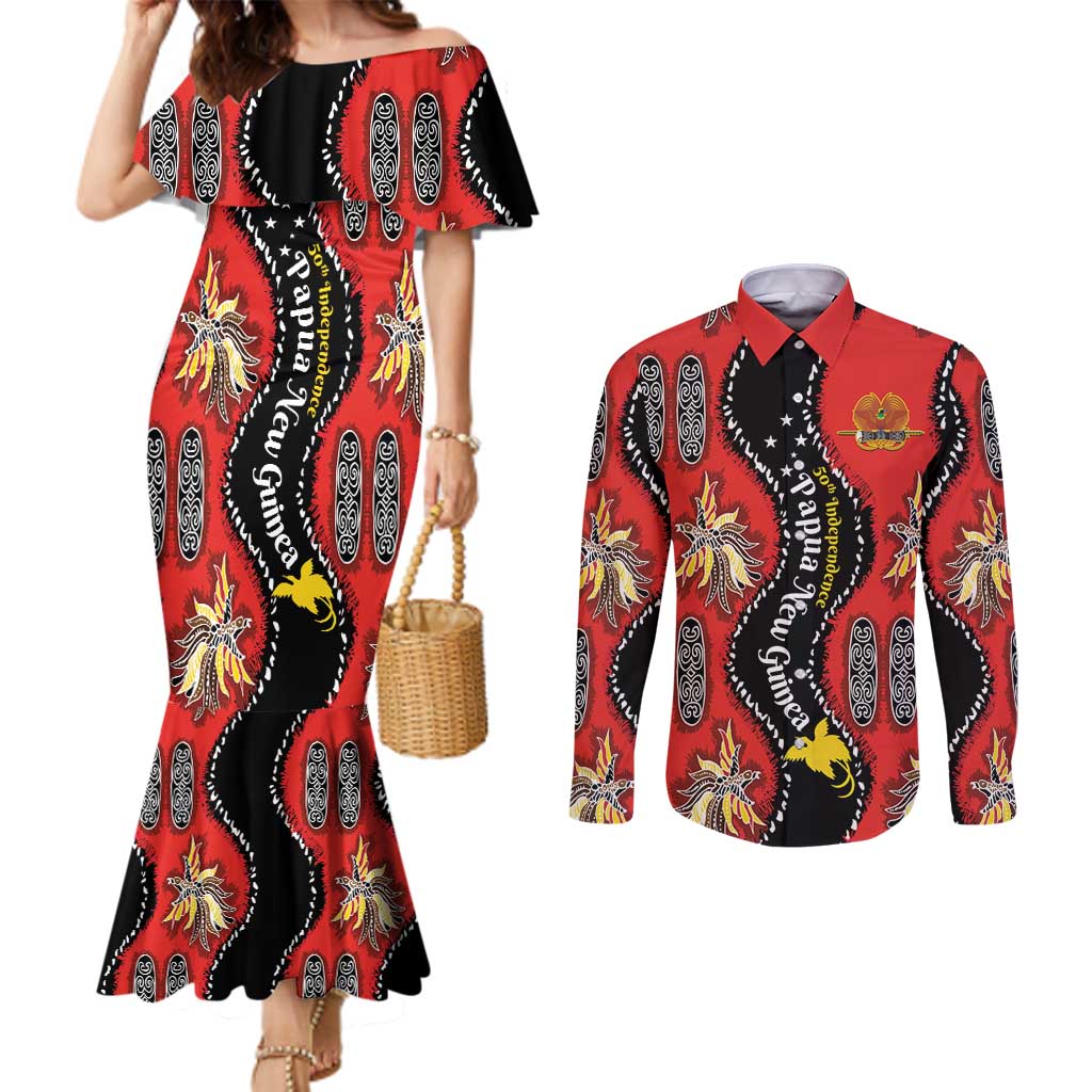 Papua New Guinea 50th Independence Couples Matching Mermaid Dress and Long Sleeve Button Shirt PNG Batik Pattern LT01 Red - Polynesian Pride