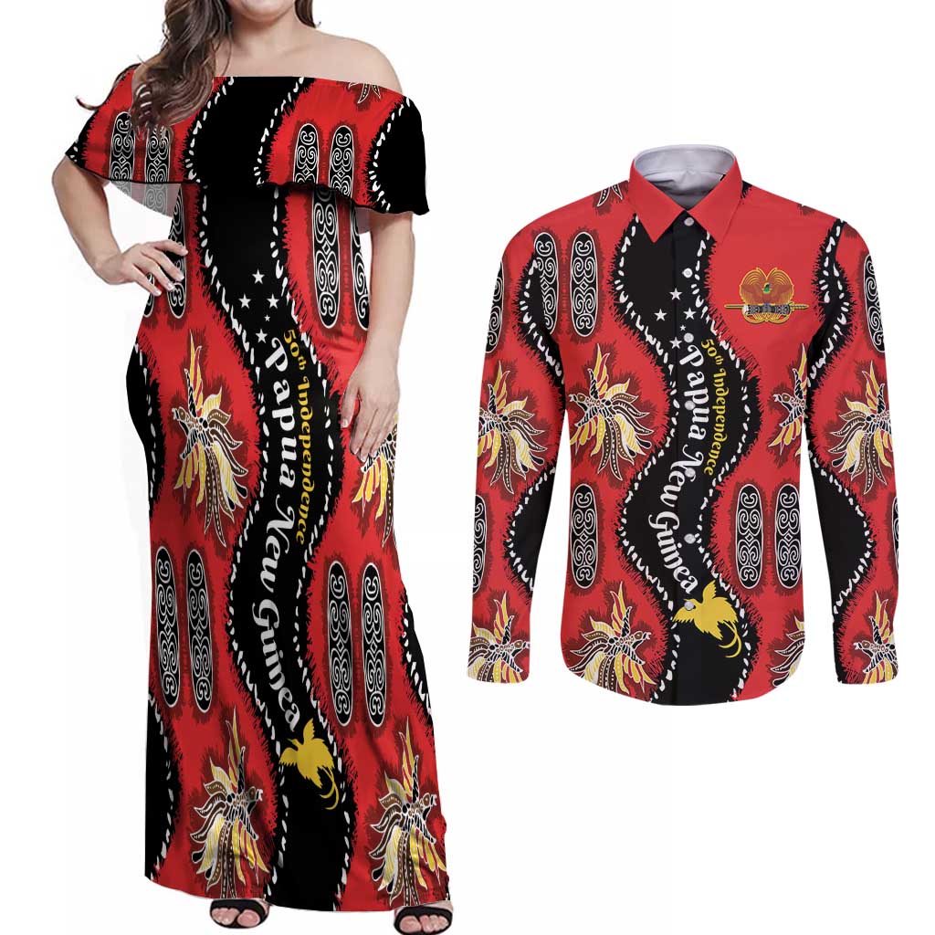 Papua New Guinea 50th Independence Couples Matching Off Shoulder Maxi Dress and Long Sleeve Button Shirt PNG Batik Pattern LT01 Red - Polynesian Pride