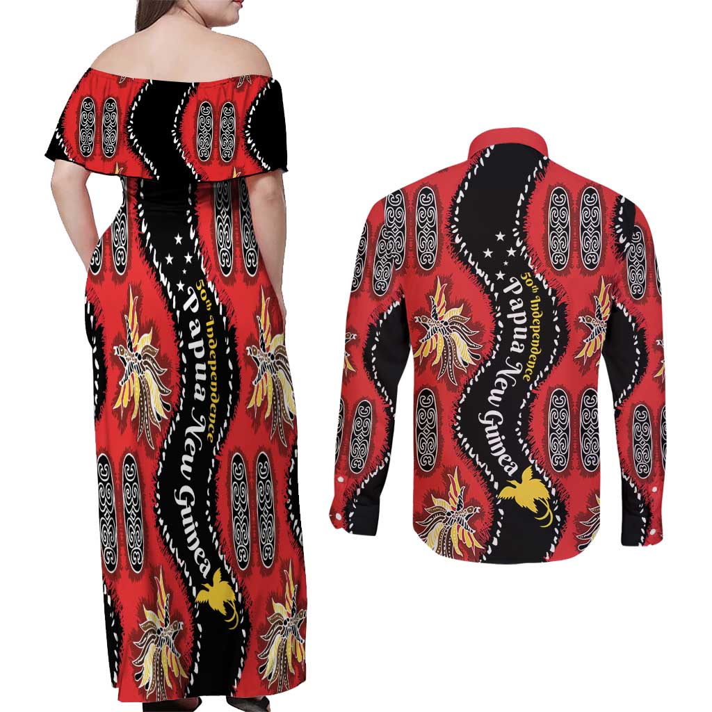 Papua New Guinea 50th Independence Couples Matching Off Shoulder Maxi Dress and Long Sleeve Button Shirt PNG Batik Pattern LT01 - Polynesian Pride