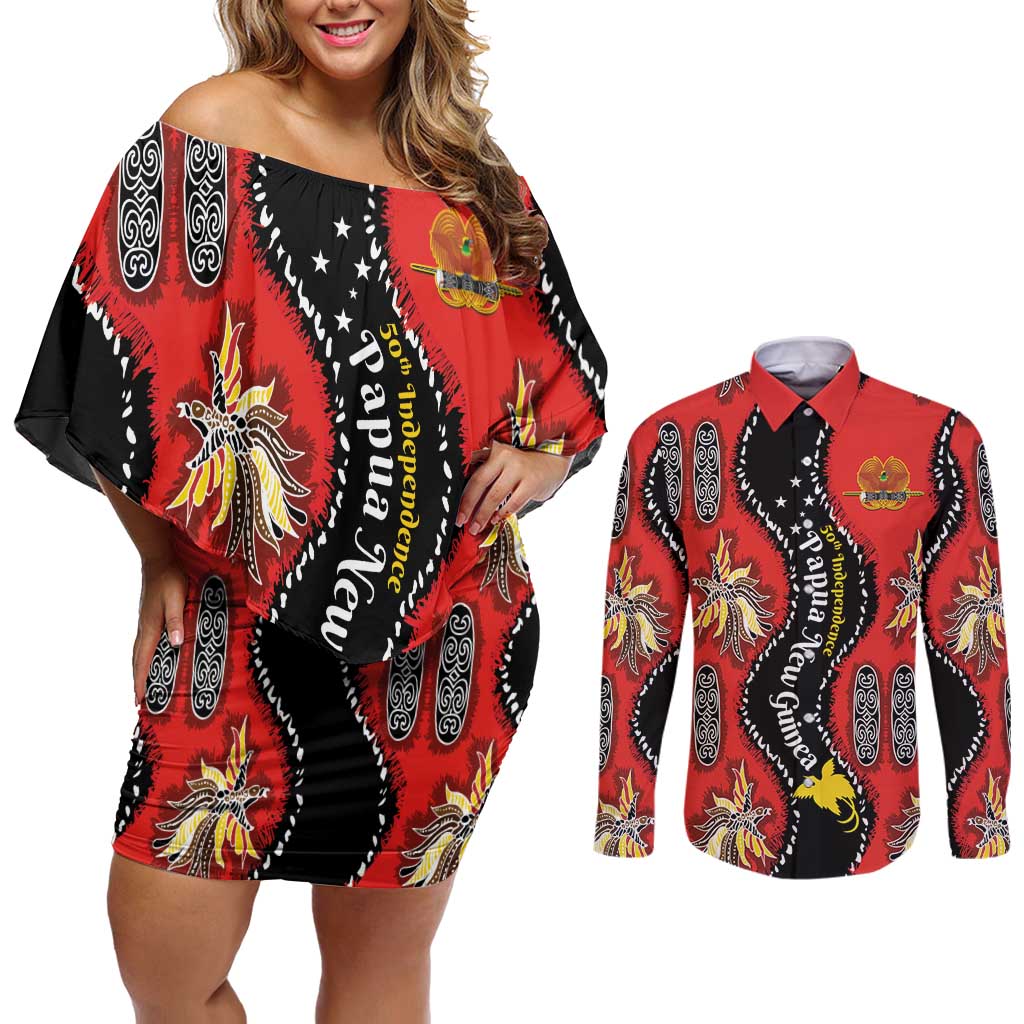 Papua New Guinea 50th Independence Couples Matching Off Shoulder Short Dress and Long Sleeve Button Shirt PNG Batik Pattern LT01 Red - Polynesian Pride