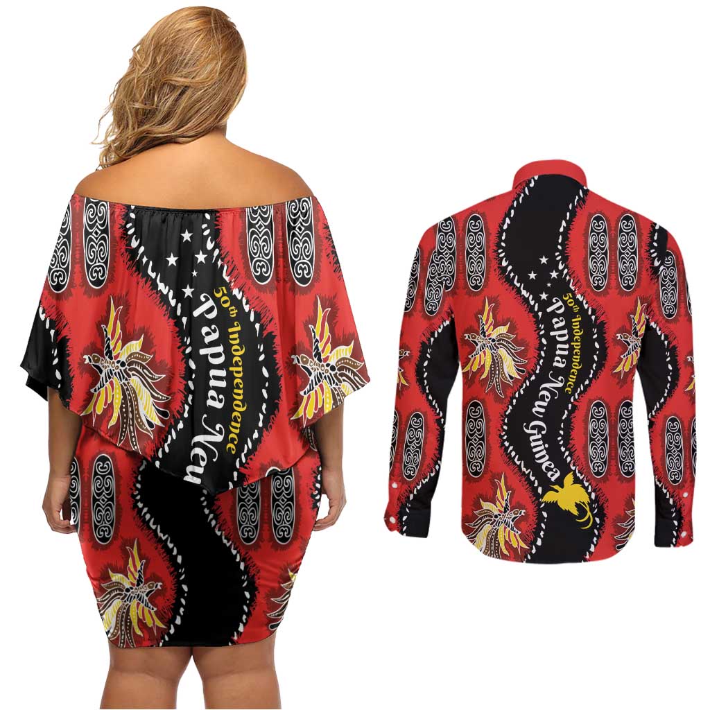 Papua New Guinea 50th Independence Couples Matching Off Shoulder Short Dress and Long Sleeve Button Shirt PNG Batik Pattern LT01 - Polynesian Pride