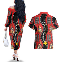 Papua New Guinea 50th Independence Couples Matching Off The Shoulder Long Sleeve Dress and Hawaiian Shirt PNG Batik Pattern - Polynesian Pride