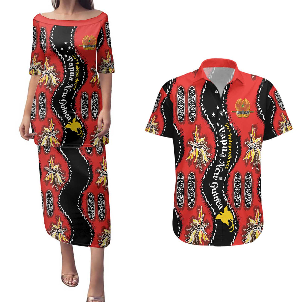 Papua New Guinea 50th Independence Couples Matching Puletasi and Hawaiian Shirt PNG Batik Pattern LT01 Red - Polynesian Pride