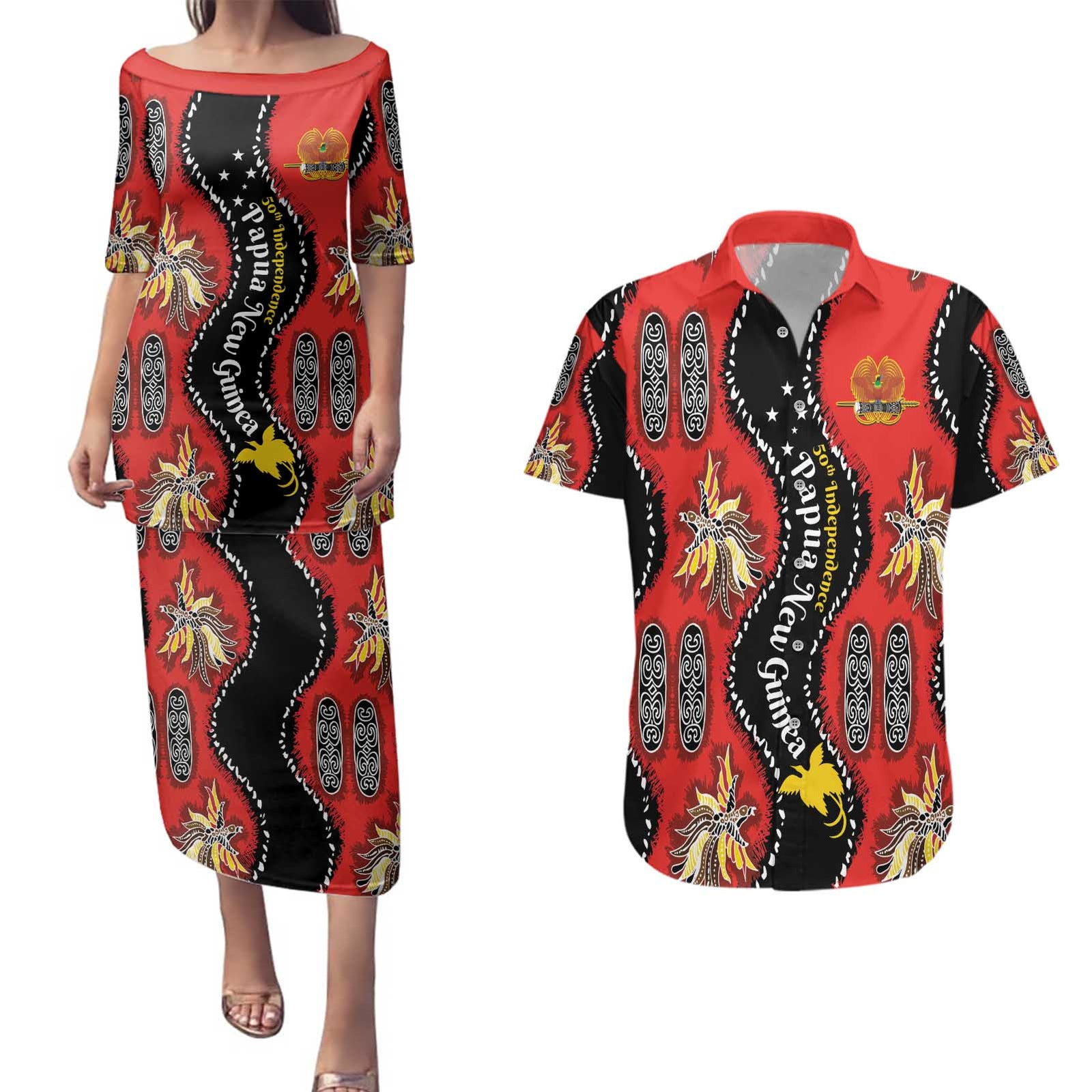 Papua New Guinea 50th Independence Couples Matching Puletasi and Hawaiian Shirt PNG Batik Pattern LT01 Red - Polynesian Pride