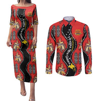 Papua New Guinea 50th Independence Couples Matching Puletasi and Long Sleeve Button Shirt PNG Batik Pattern LT01 Red - Polynesian Pride