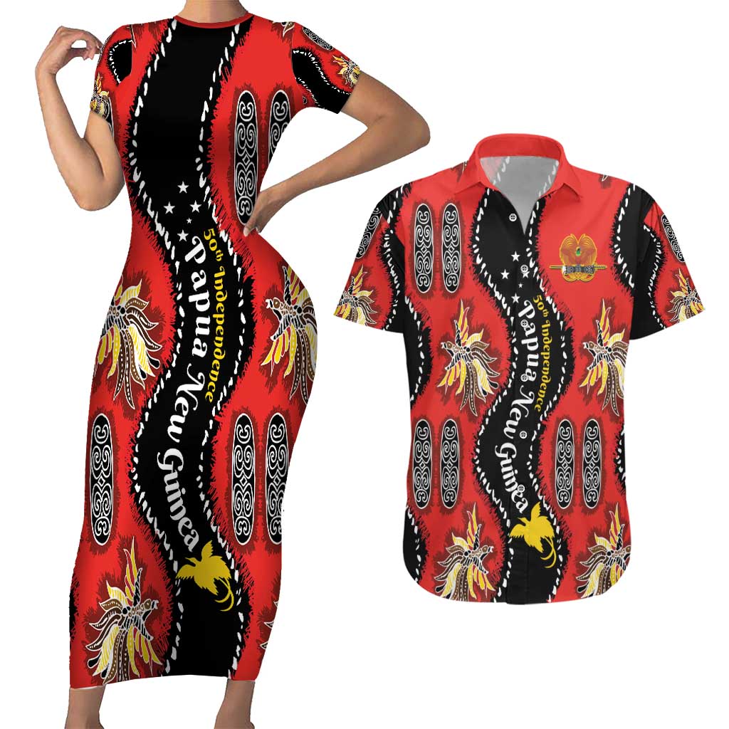 Papua New Guinea 50th Independence Couples Matching Short Sleeve Bodycon Dress and Hawaiian Shirt PNG Batik Pattern - Polynesian Pride