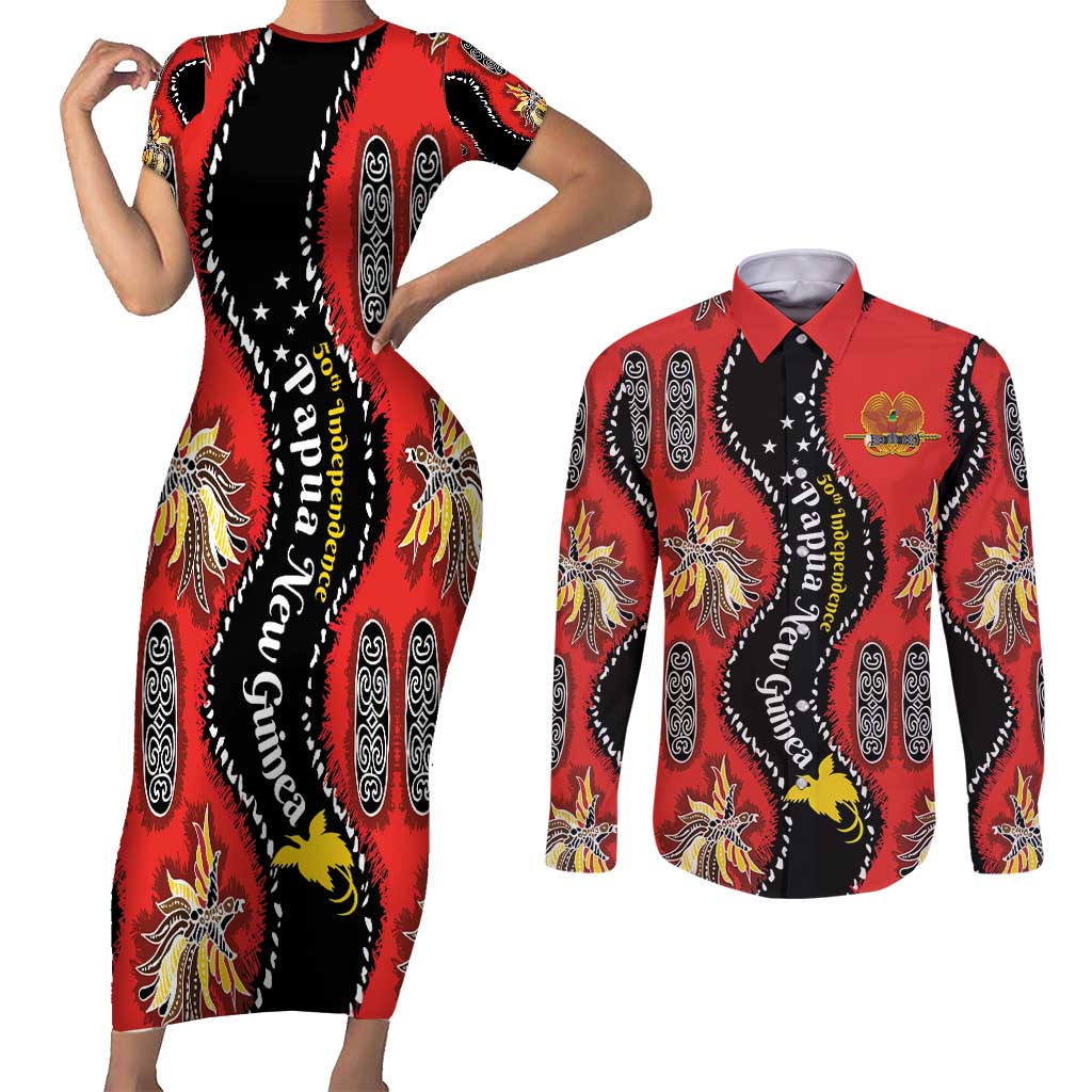 Papua New Guinea 50th Independence Couples Matching Short Sleeve Bodycon Dress and Long Sleeve Button Shirt PNG Batik Pattern LT01 Red - Polynesian Pride