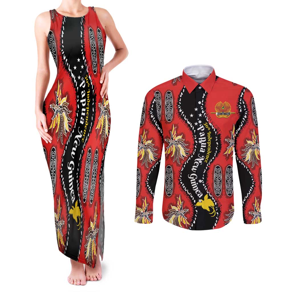 Papua New Guinea 50th Independence Couples Matching Tank Maxi Dress and Long Sleeve Button Shirt PNG Batik Pattern LT01 Red - Polynesian Pride