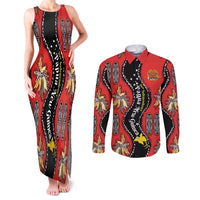 Papua New Guinea 50th Independence Couples Matching Tank Maxi Dress and Long Sleeve Button Shirt PNG Batik Pattern LT01 Red - Polynesian Pride