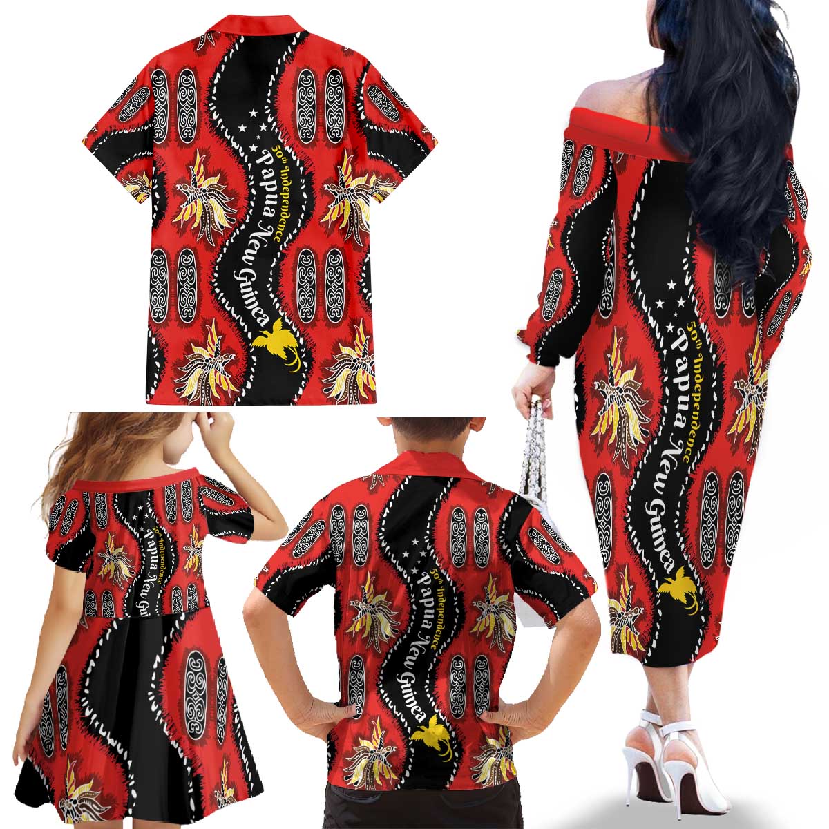 Papua New Guinea 50th Independence Family Matching Off The Shoulder Long Sleeve Dress and Hawaiian Shirt PNG Batik Pattern - Polynesian Pride
