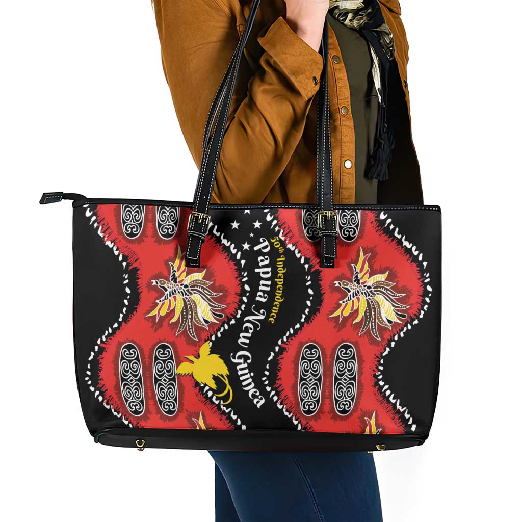 Papua New Guinea 50th Independence Leather Tote Bag PNG Batik Pattern - Polynesian Pride