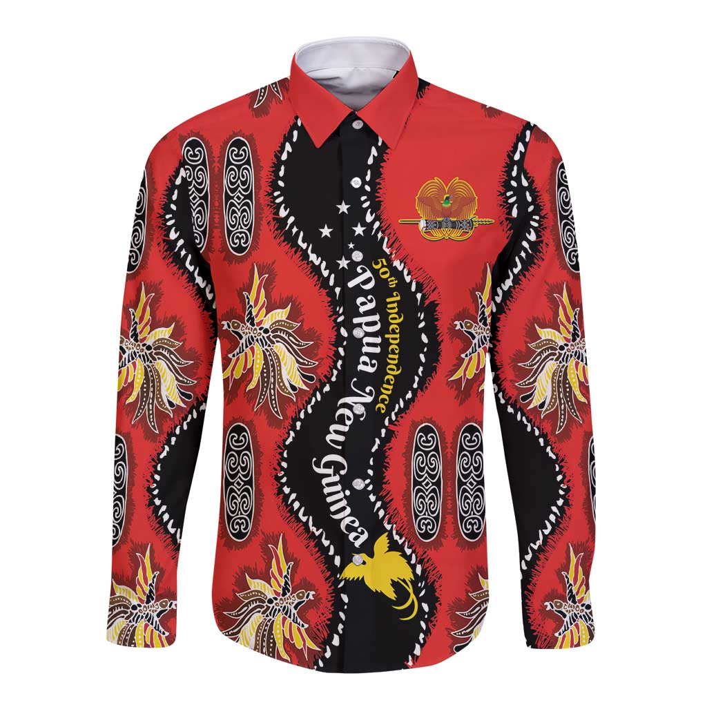 Papua New Guinea 50th Independence Long Sleeve Button Shirt PNG Batik Pattern LT01 Unisex Red - Polynesian Pride