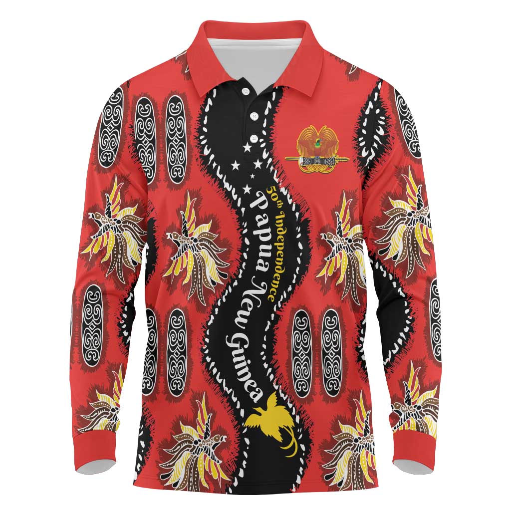 Papua New Guinea 50th Independence Long Sleeve Polo Shirt PNG Batik Pattern LT01 Red - Polynesian Pride
