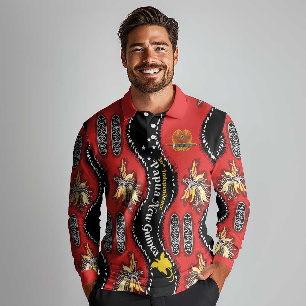 Papua New Guinea 50th Independence Long Sleeve Polo Shirt PNG Batik Pattern LT01 - Polynesian Pride
