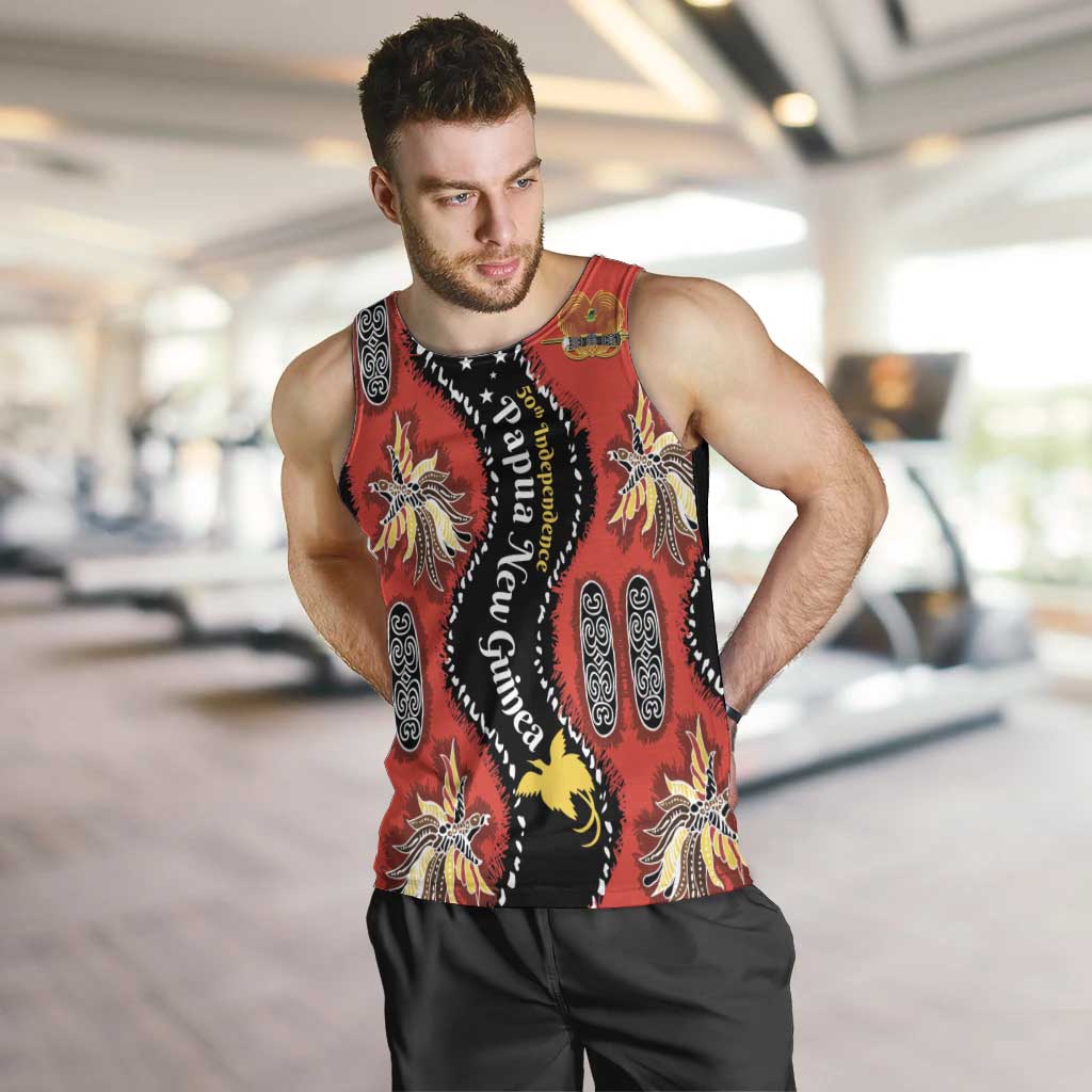 Papua New Guinea 50th Independence Men Tank Top PNG Batik Pattern LT01 Red - Polynesian Pride