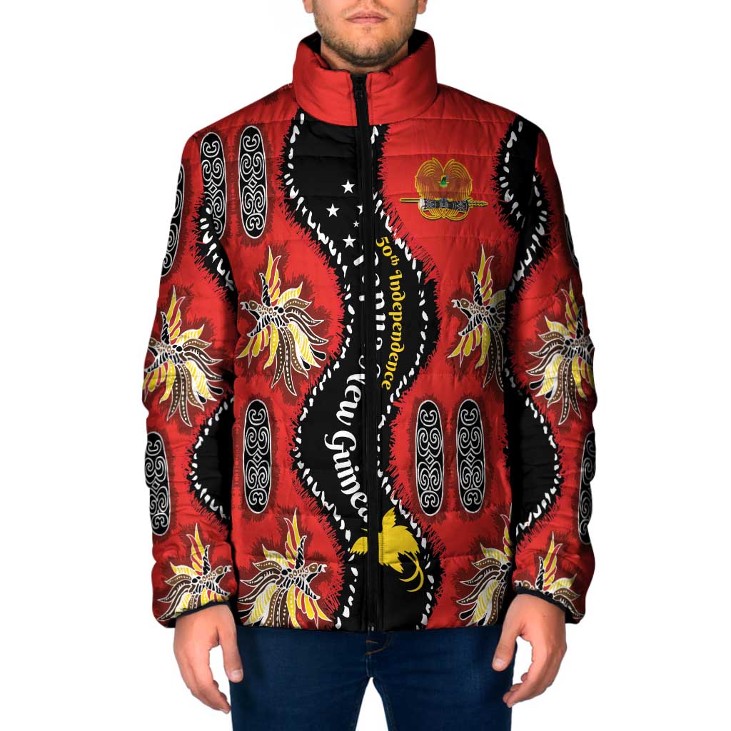 Papua New Guinea 50th Independence Padded Jacket PNG Batik Pattern LT01 Men Red - Polynesian Pride