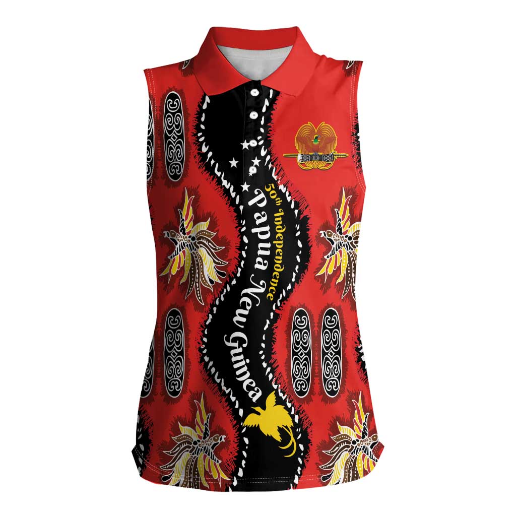 Papua New Guinea 50th Independence Women Sleeveless Polo Shirt PNG Batik Pattern LT01 Female Red - Polynesian Pride