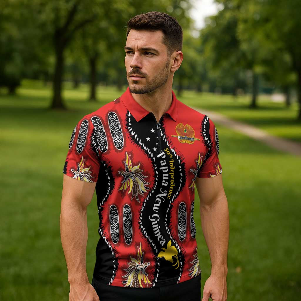 Papua New Guinea 50th Independence Zipper Polo Shirt PNG Batik Pattern - Polynesian Pride
