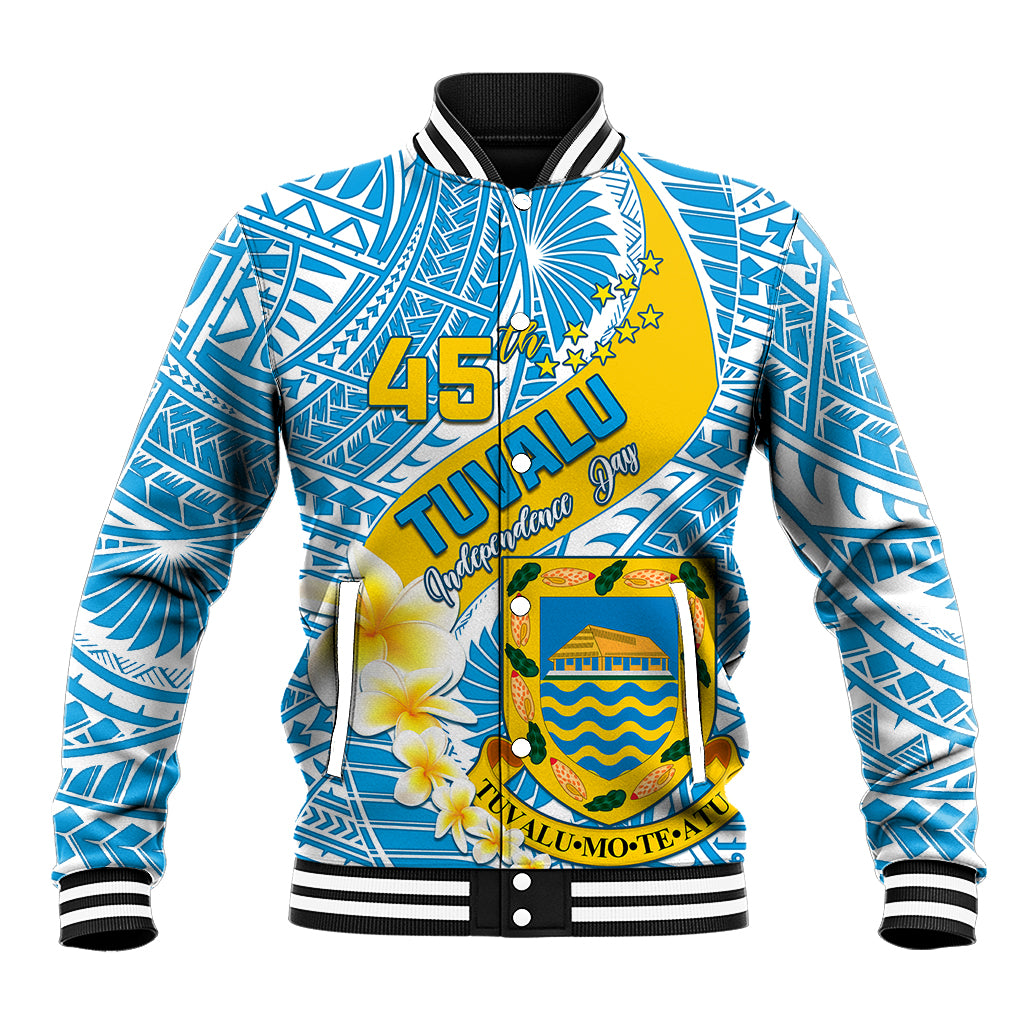 Personalised Tuvalu Independence Day Baseball Jacket Plumeria 45th Anniversary LT01 Unisex Blue - Polynesian Pride