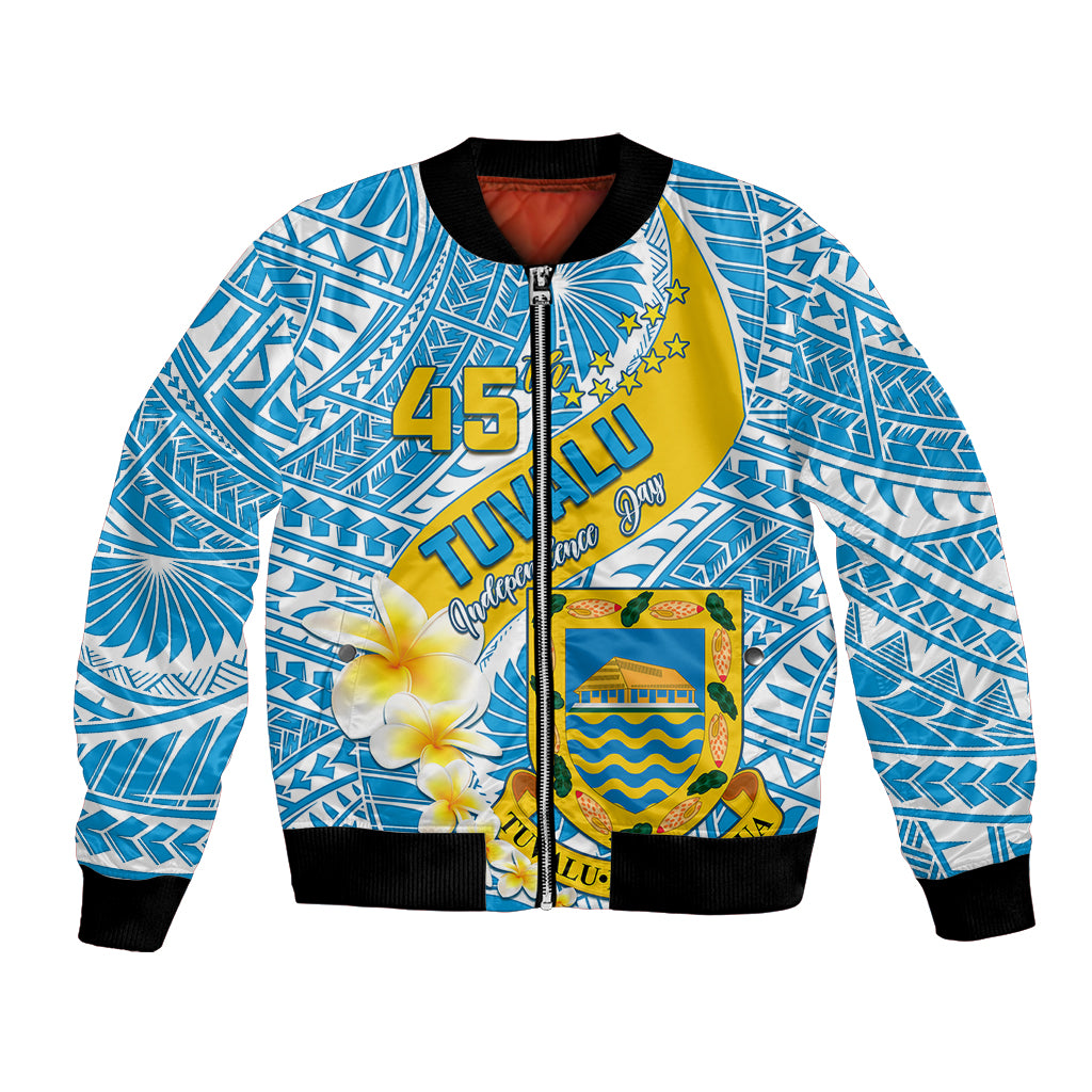 Personalised Tuvalu Independence Day Bomber Jacket Plumeria 45th Anniversary LT01 Unisex Blue - Polynesian Pride