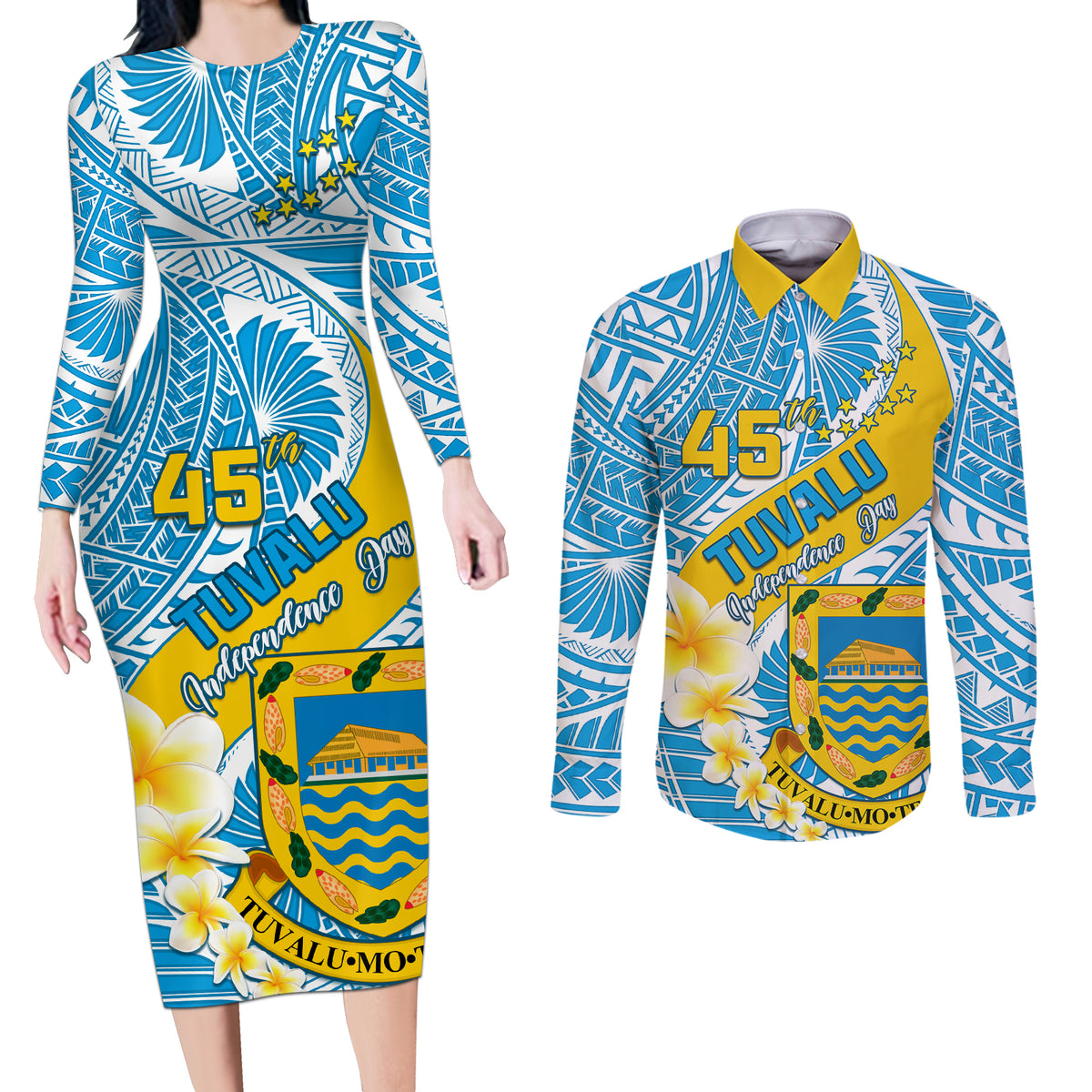 Personalised Tuvalu Independence Day Couples Matching Long Sleeve Bodycon Dress and Long Sleeve Button Shirts Plumeria 45th Anniversary LT01 Blue - Polynesian Pride