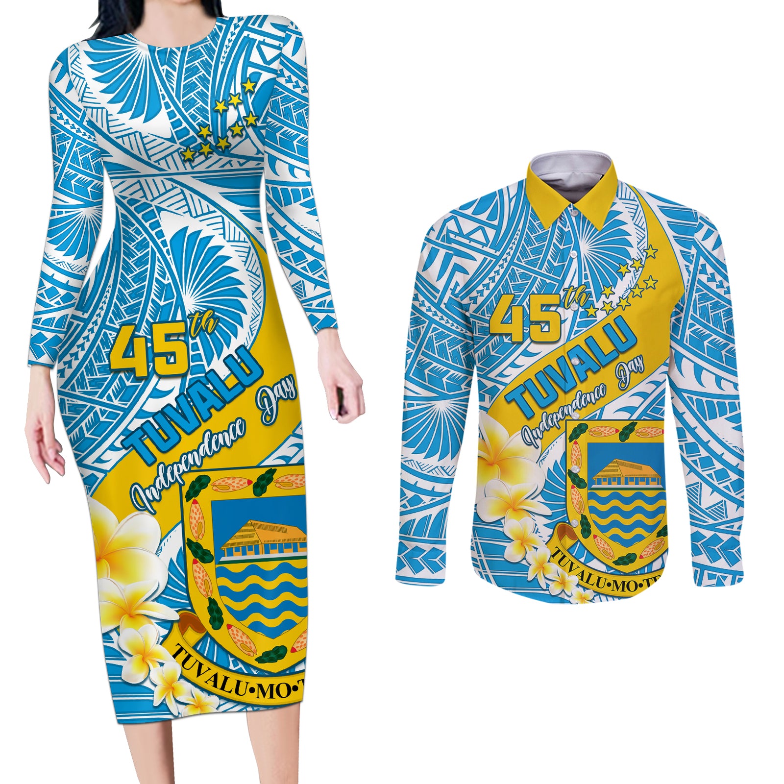 Personalised Tuvalu Independence Day Couples Matching Long Sleeve Bodycon Dress and Long Sleeve Button Shirts Plumeria 45th Anniversary LT01 Blue - Polynesian Pride