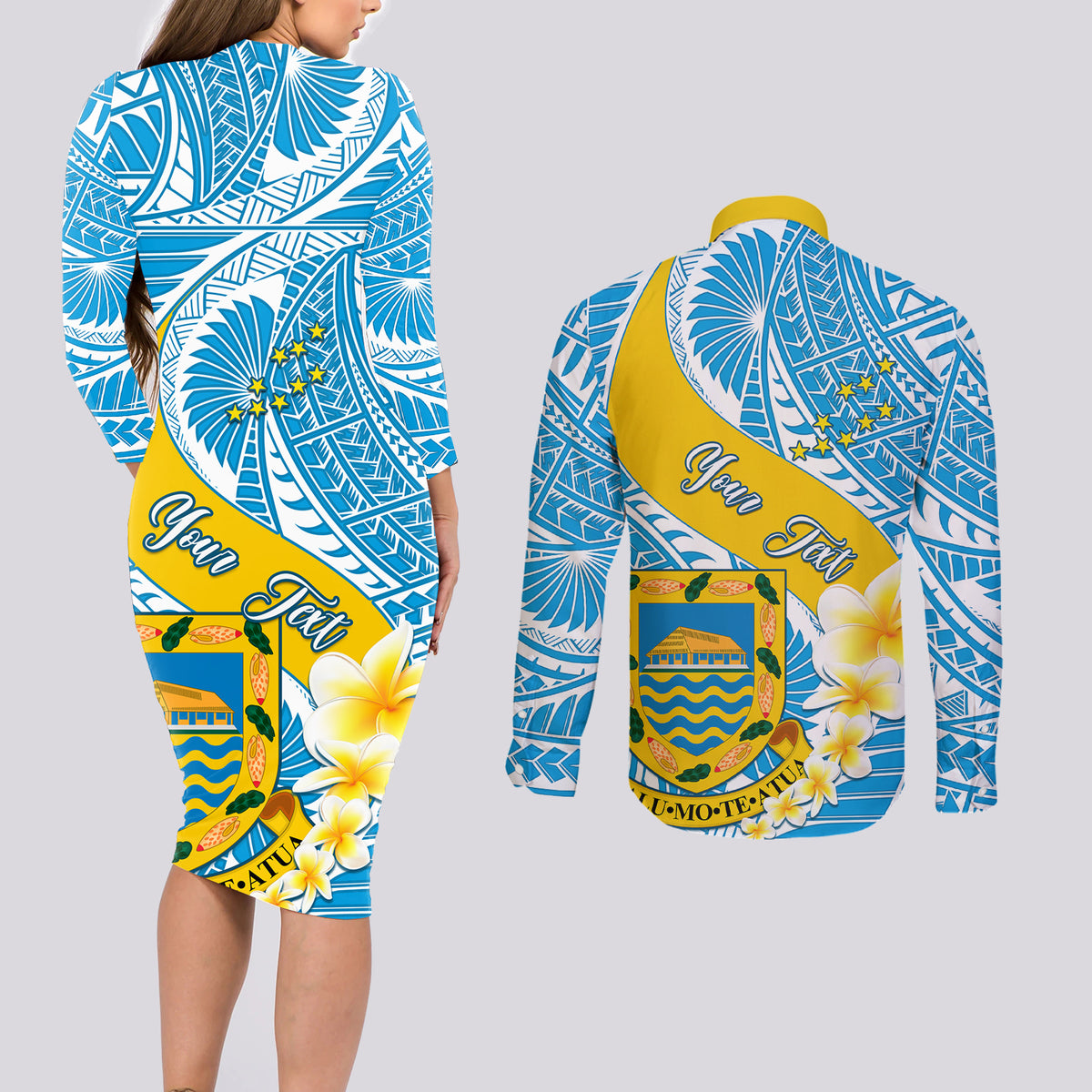 Personalised Tuvalu Independence Day Couples Matching Long Sleeve Bodycon Dress and Long Sleeve Button Shirts Plumeria 45th Anniversary LT01 - Polynesian Pride
